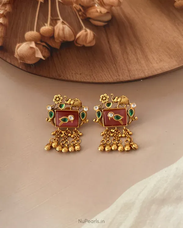 Sapna_Temple_Bird_Elephant_Earrings_With_Pink_Stone_Ghunghroo_Antique_More