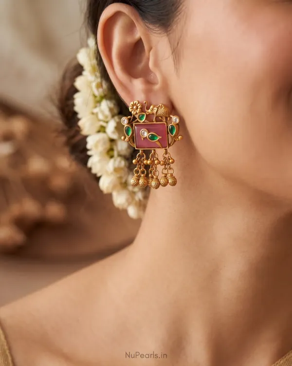 Sapna_Temple_Bird_Elephant_Earrings_With_Pink_Stone_Ghunghroo_Antique_More