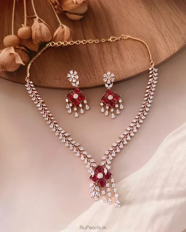 Red_Sehaj_American_Diamond_Necklace_With_Earrings_18k_Rose_Gold_Plated