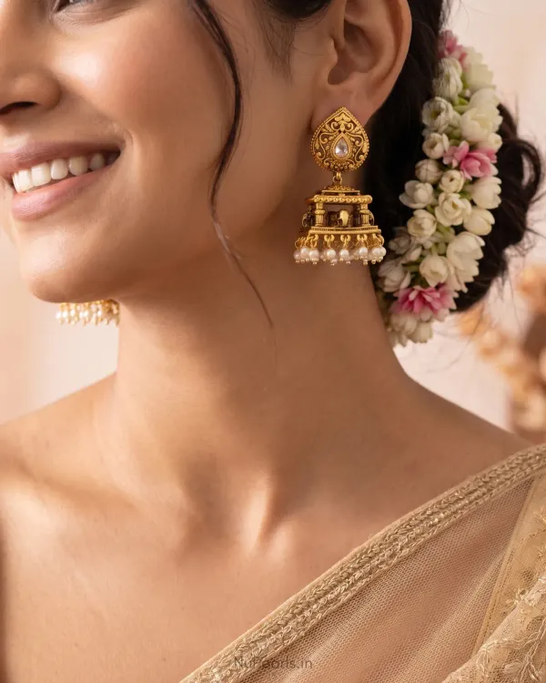 White_Swara_Temple_Antique_Gold_Jhumka_Earrings_With_Elephant_Motif_Pearl