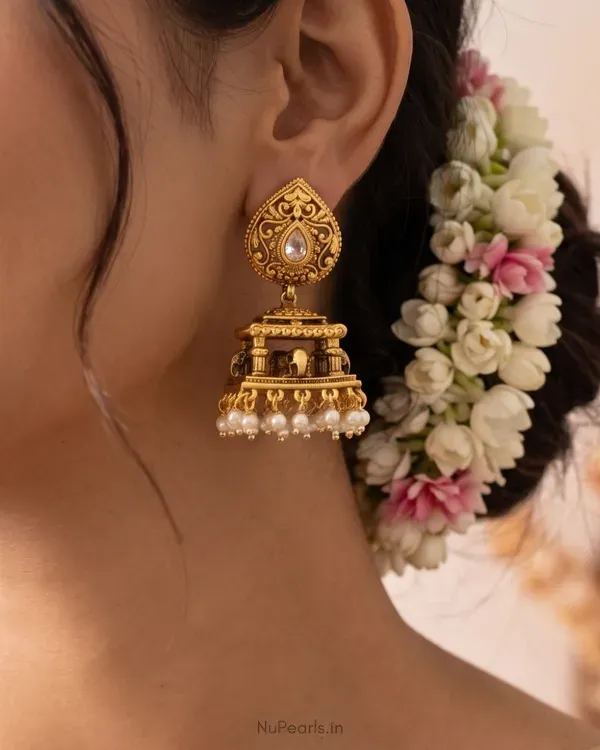 White_Swara_Temple_Antique_Gold_Jhumka_Earrings_With_Elephant_Motif_Pearl