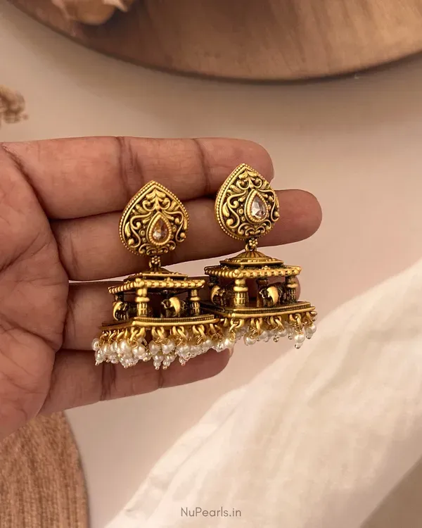 White_Swara_Temple_Antique_Gold_Jhumka_Earrings_With_Elephant_Motif_Pearl