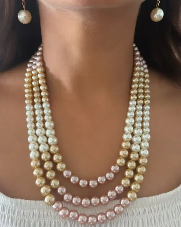 Peach_Golden_White_Nysha_3_Layered_Pearl_Mala_Necklace_With_Earrings_For_Wo