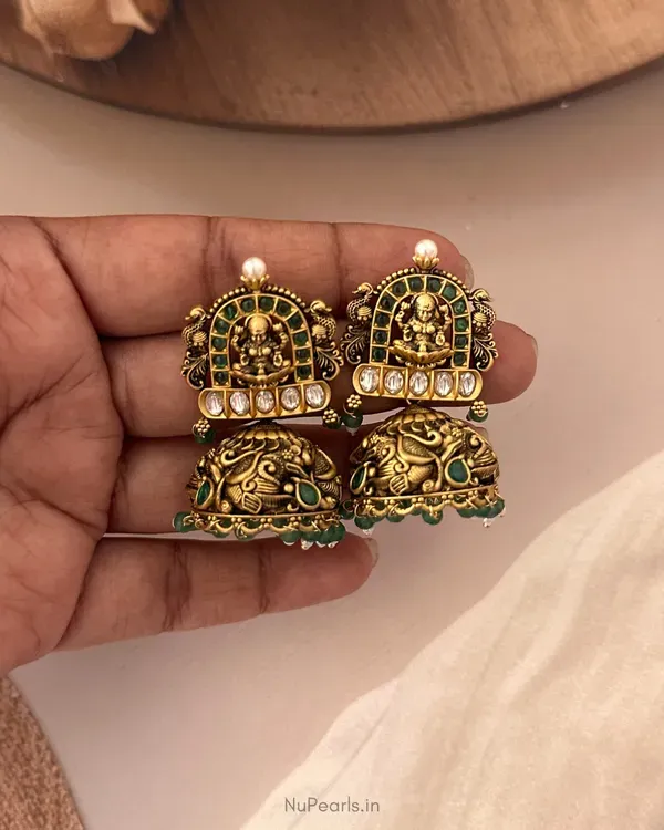 Green_Ragini_Temple_Lakshmi_Antique_Gold_Jhumka_Earrings
