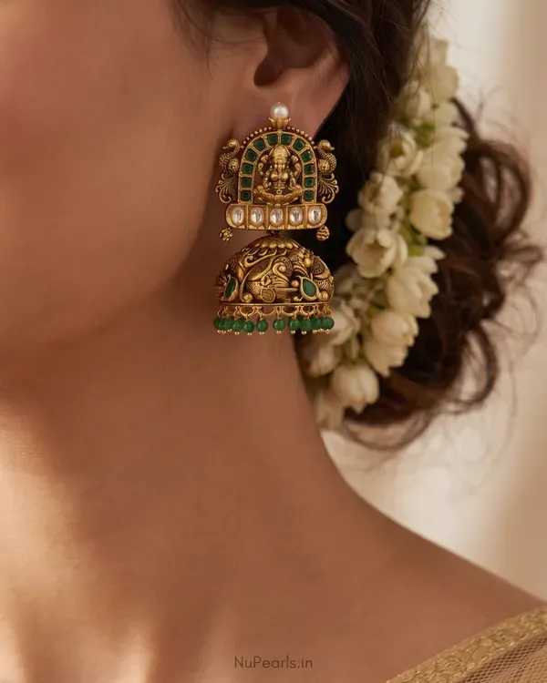 Green_Ragini_Temple_Lakshmi_Antique_Gold_Jhumka_Earrings