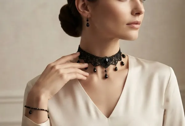 Black_Lace_Vintage/Gothic_Choker_Necklaces_with_Bead_Dangles