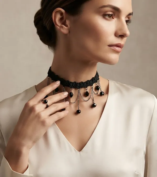 Black_Lace_Vintage/Gothic_Choker_Necklaces_with_Bead_Dangles