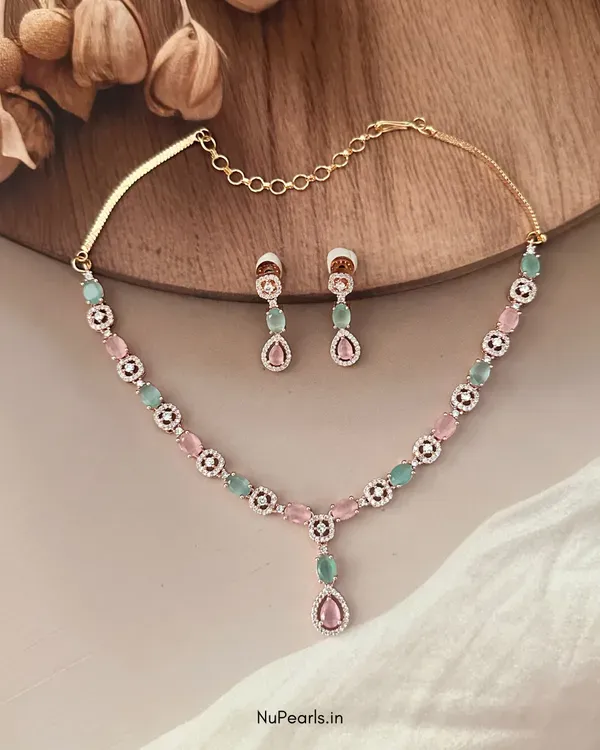 Mint_Green_Pink_Mia_Ad_Stone_Necklace_18k_Gold_Plated_Necklace_Set_For_Wo