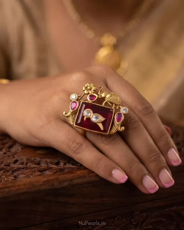 Saanvi_Antique_Gold_Red_Stone_Temple_Style_Statement_Ring_With_Elephant_S