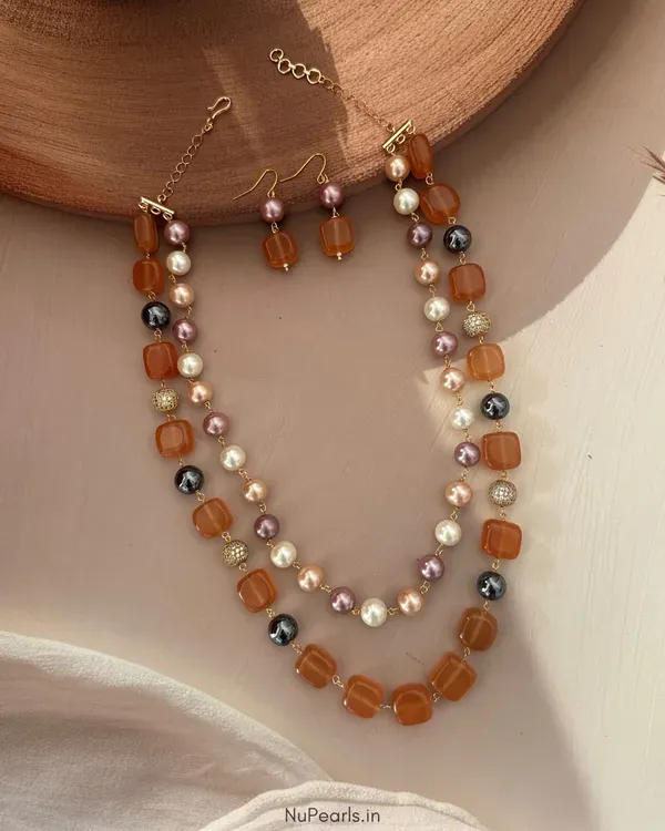 Orange_Samah_Double_Layer_Handmade_Pearl_Stone_Mala_With_Earrings
