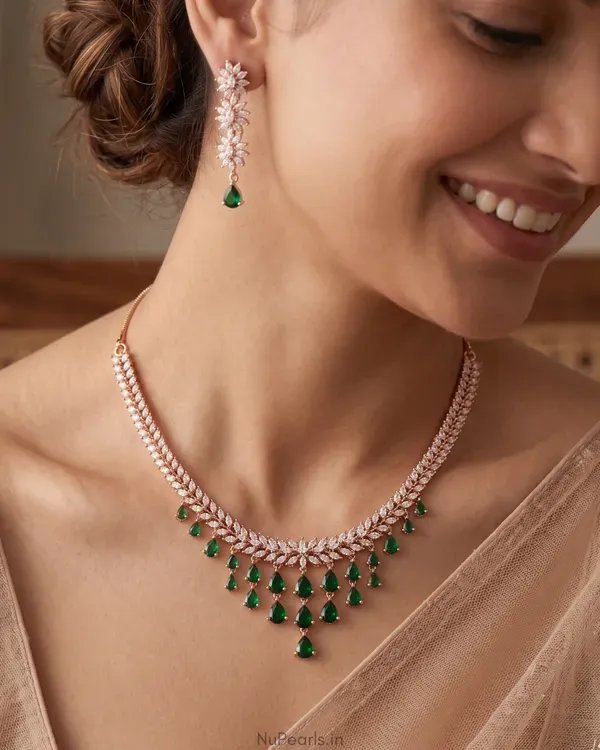 Green_Raha_Necklace_18k_Rose_Gold_Plated_American_Diamond_Jewellery_Set_For_More