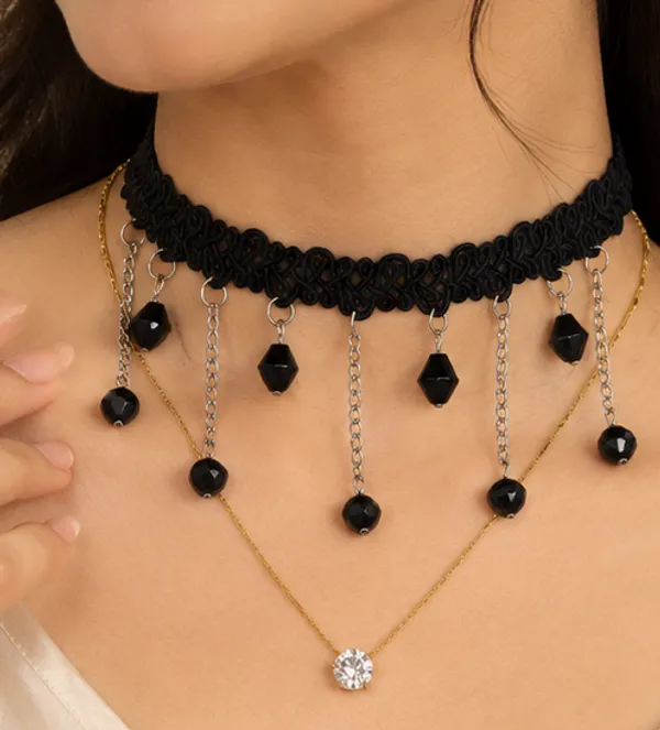 Gothic_Black_Lace_Choker_and_Layered_Gold_Chain_Necklace_Set