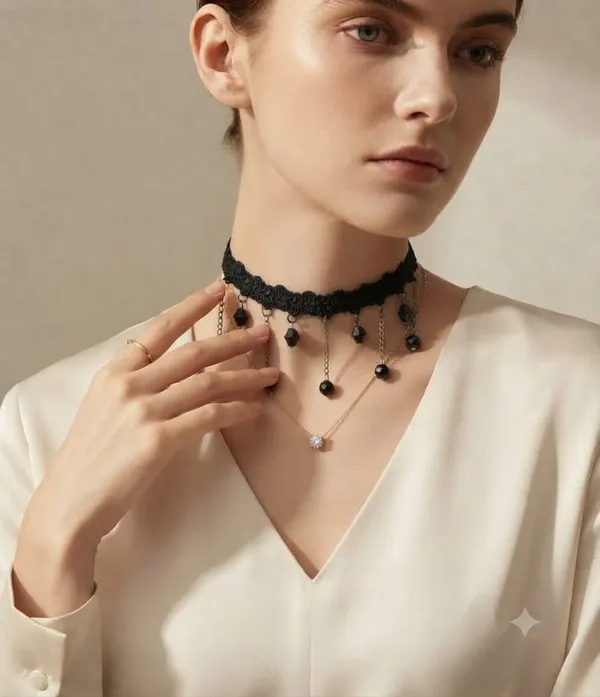 Gothic_Black_Lace_Choker_and_Layered_Gold_Chain_Necklace_Set