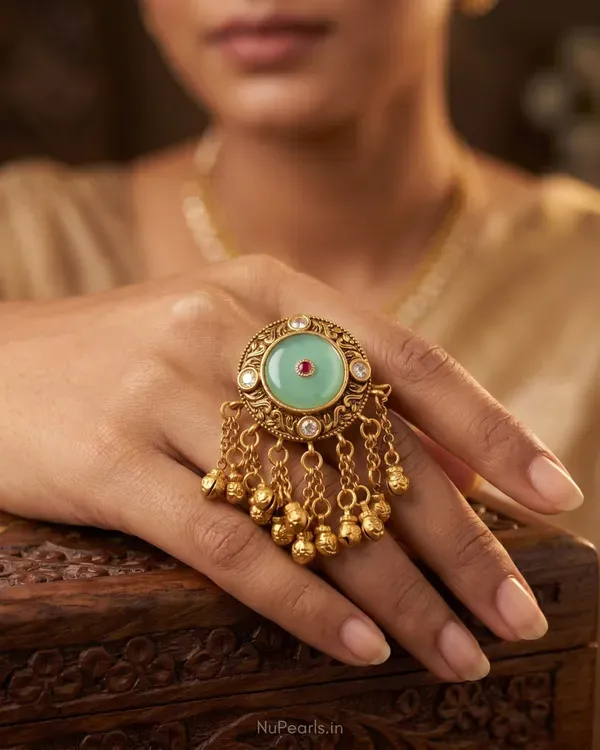 Rajwadi_Antique_Gold_Mint_Green_Stone_Statement_Ring_With_Ghungroo_Adjusta_More