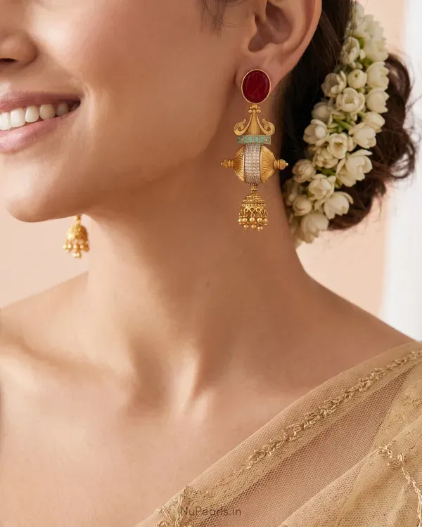 Anjali_Antique_Gold_Statement_Jhumka_Earrings_With_Ruby_Top_Cz_Detailing