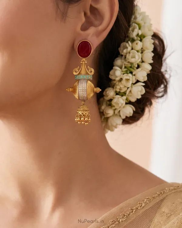 Anjali_Antique_Gold_Statement_Jhumka_Earrings_With_Ruby_Top_Cz_Detailing