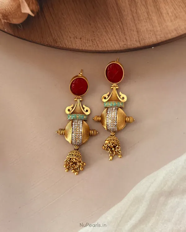 Anjali_Antique_Gold_Statement_Jhumka_Earrings_With_Ruby_Top_Cz_Detailing