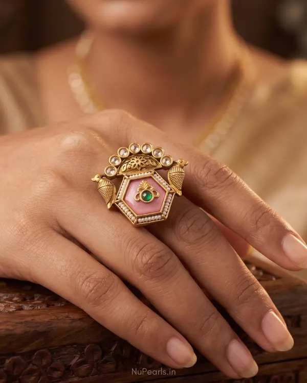 Sarika_Antique_Gold_Pink_Stone_Temple_Style_Statement_Ring_With_Pearl_Detai_More