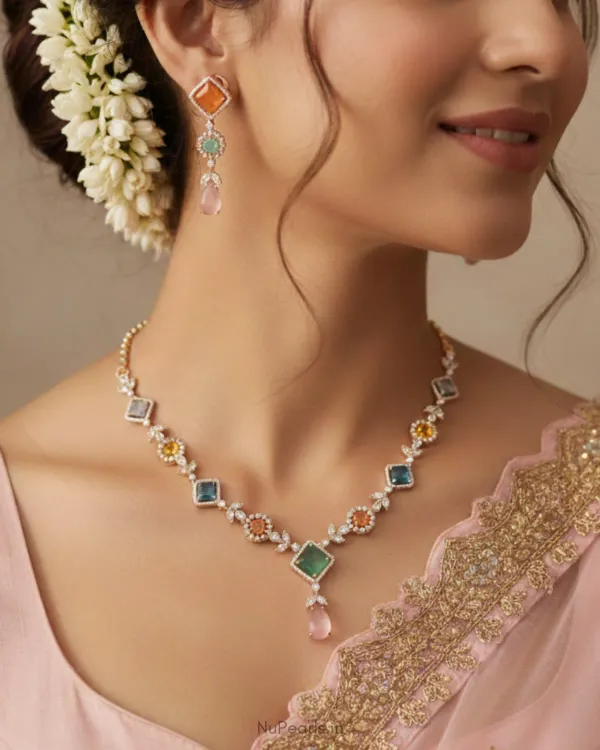 Pastel_Multi_Jannat_Necklace_18k_Rose_Gold_Plated_Cz_Studded_Jewellery_Se