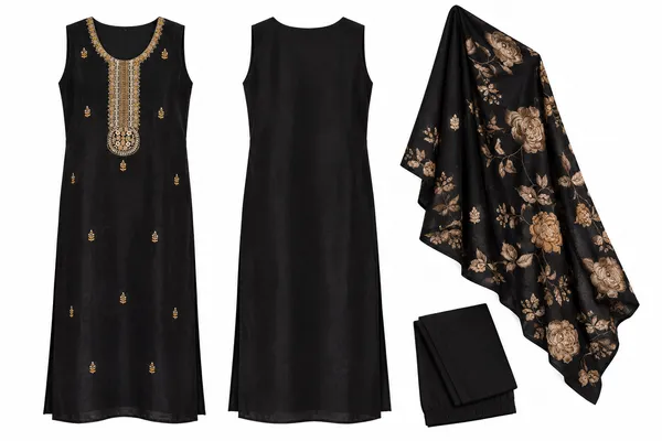Black_Embroidered_Kurta_Set_With_Floral_Dupatta_for_Women