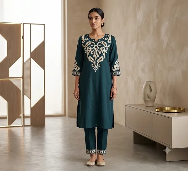 Blue_Rayon_Shisha_Work_Straight_Kurta_Set_For_Women