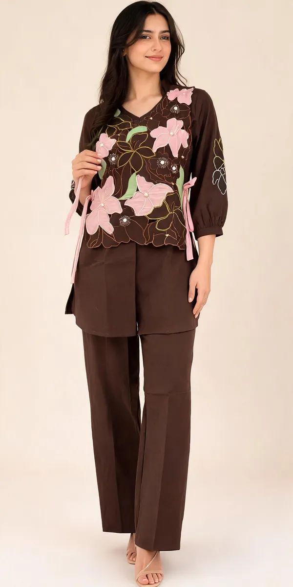 Brown_Khadi_Cotton_Floral_Embroidered_Co-Ord_Set_For_Women
