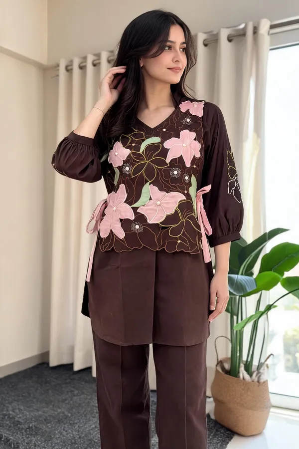 Brown_Khadi_Cotton_Floral_Embroidered_Co-Ord_Set_For_Women