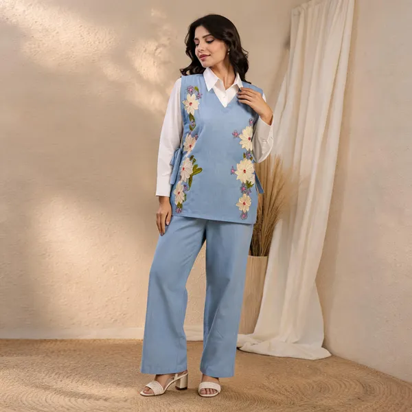 Blue_Linen_Cotton_Floral_Embroidered_Co-Ord_Set_For_Women