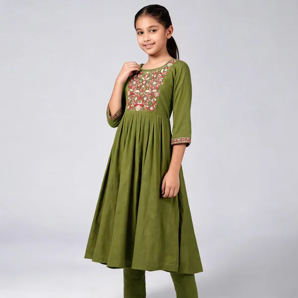 Olive_Green_Pure_Mal_Mal_Flared_Embroidered_Anarkali_Suit_Set_For_Girls