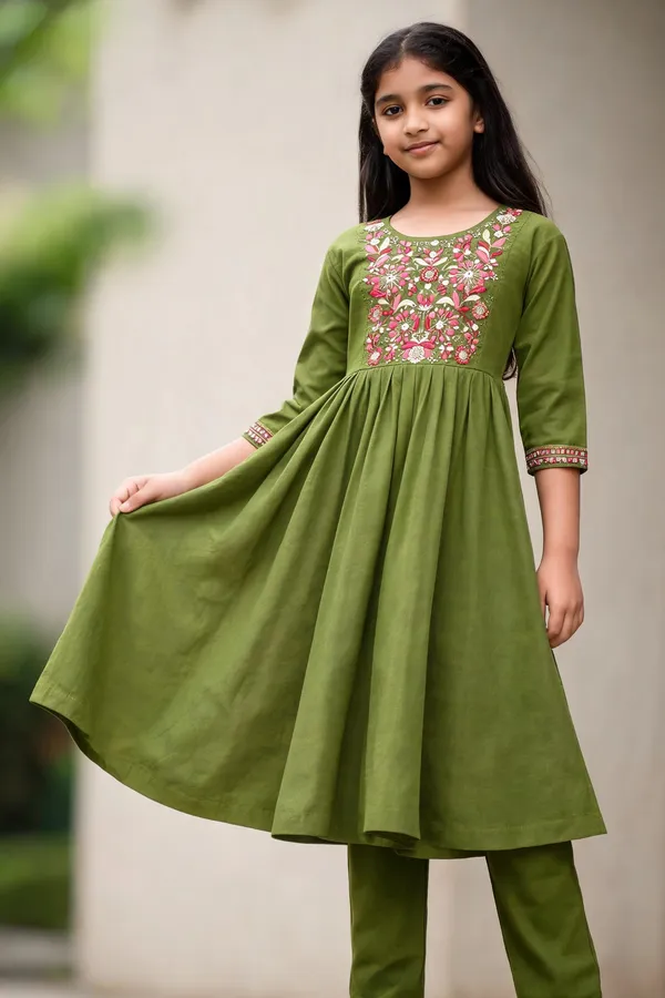 Olive_Green_Pure_Mal_Mal_Flared_Embroidered_Anarkali_Suit_Set_For_Girls