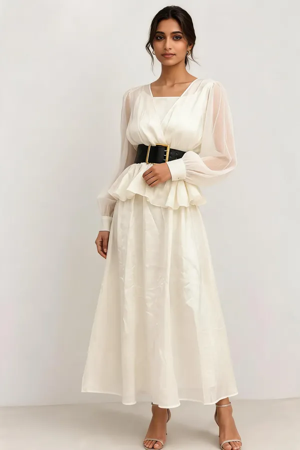 Ivory_Organza_Sheer_Sleeve_Ruffle_Waist_Maxi_Dress_For_Women