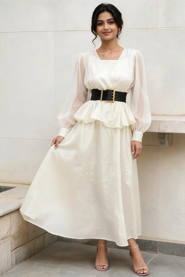 Ivory_Organza_Sheer_Sleeve_Ruffle_Waist_Maxi_Dress_For_Women