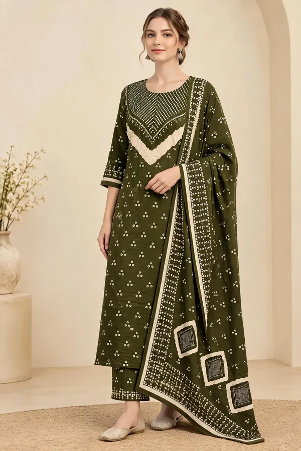 Olive_Green_Glaze_Cotton_Printed_Straight_Kurta_Set_For_Women