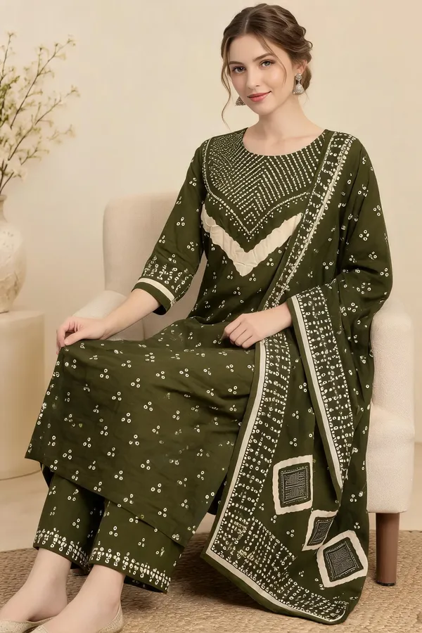 Olive_Green_Glaze_Cotton_Printed_Straight_Kurta_Set_For_Women