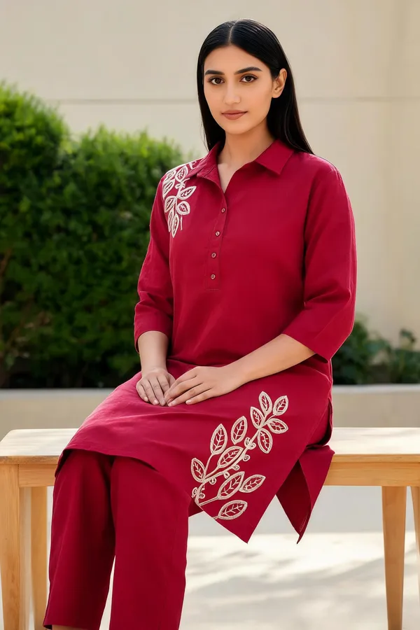 Red_Pure_Cotton_Straight_Embroidered_Kurta_Pajama_Set_For_Women