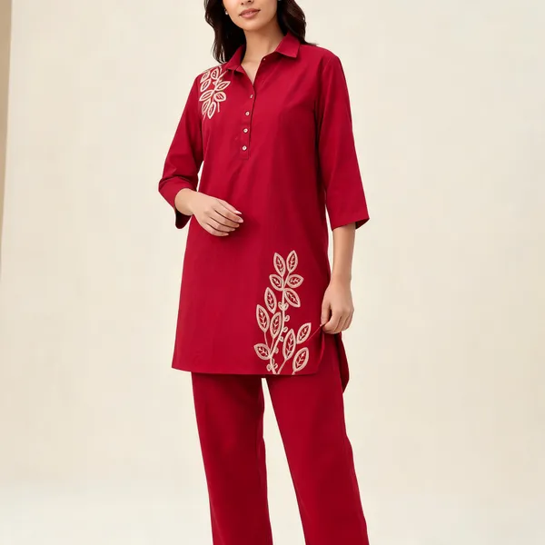 Red_Pure_Cotton_Straight_Embroidered_Kurta_Pajama_Set_For_Women