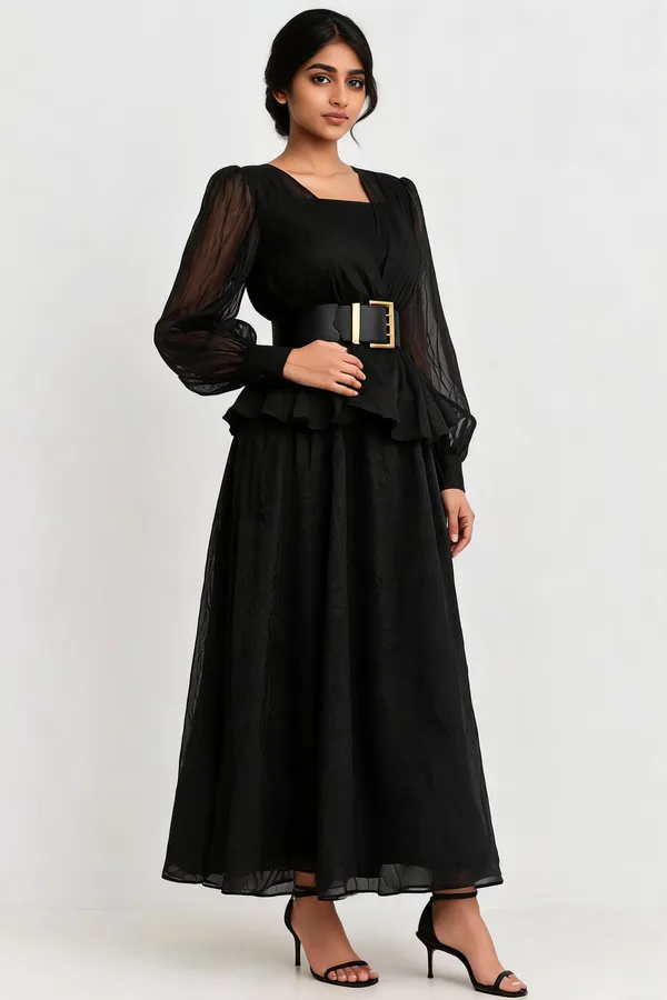 Black_Organza_Sheer_Sleeve_Peplum_Waist_Maxi_Dress_For_Women