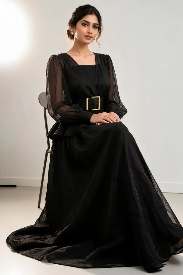Black_Organza_Sheer_Sleeve_Peplum_Waist_Maxi_Dress_For_Women