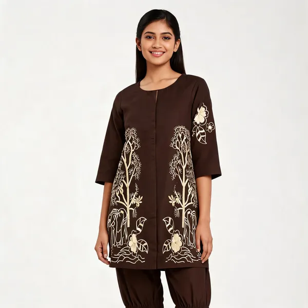 Brown_Pure_Cotton_Silk_Straight_Embroidered_Kurta_Pant_Set_For_Women