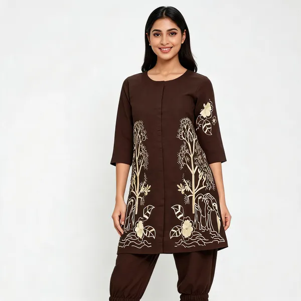 Brown_Pure_Cotton_Silk_Straight_Embroidered_Kurta_Pant_Set_For_Women