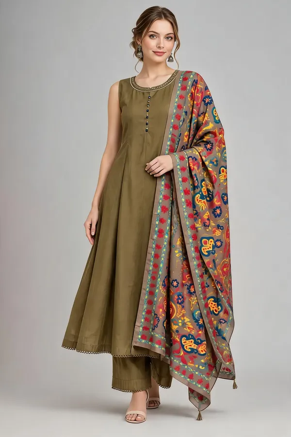 Olive_Green_Cotton_Printed_Sleeveless_Kurta_Set_With_Dupatta_For_Women