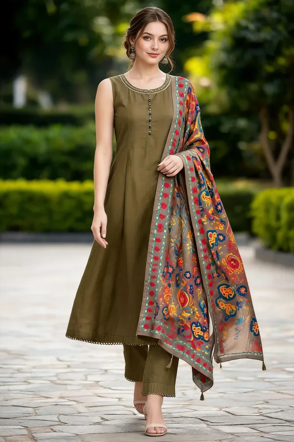 Olive_Green_Cotton_Printed_Sleeveless_Kurta_Set_With_Dupatta_For_Women