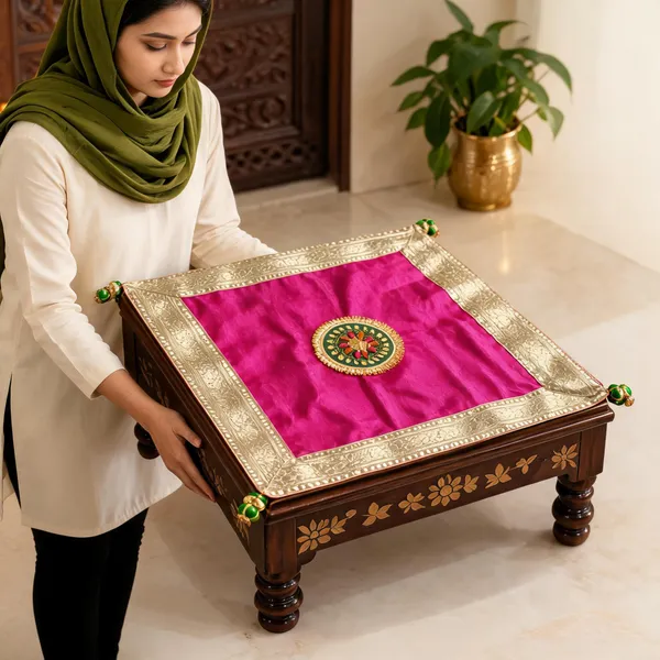 Wooden_Traditional_Floral_Pooja_Chowki_With_Pink_Silk_Fabric_Mat