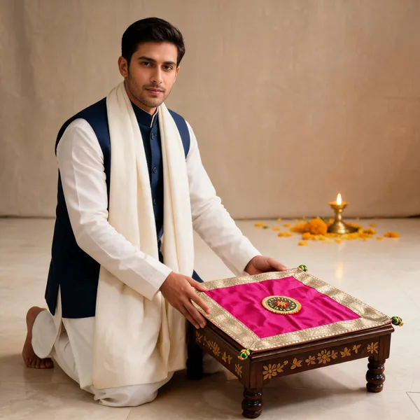 Wooden_Traditional_Floral_Pooja_Chowki_With_Pink_Silk_Fabric_Mat