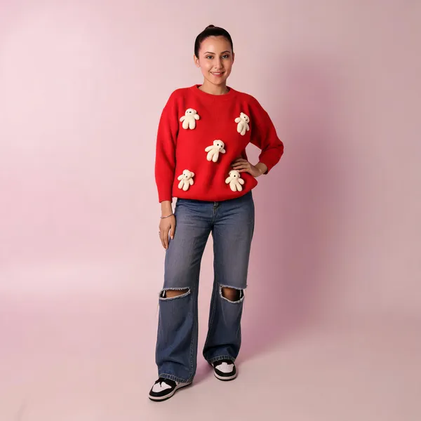 Red_Knit_Relaxed_Fit_Teddy_Applique_Sweatshirt_For_Women