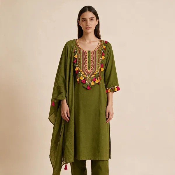 Olive_Green_Mulmul_Embroidered_Straight_Kurta_Set_For_Women