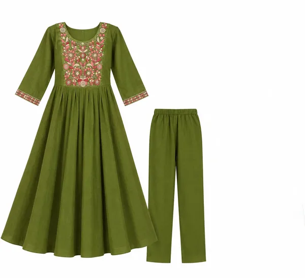 Olive_Green_Anarkali_Kurta_Pant_Set_for_Girls