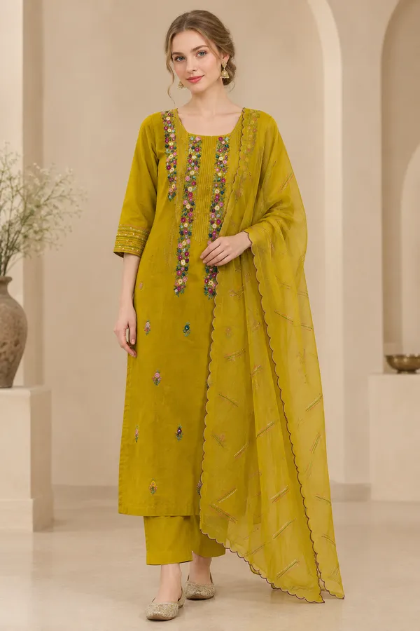 Mustard_Embroidered_Straight_Kurta_Set_For_Women