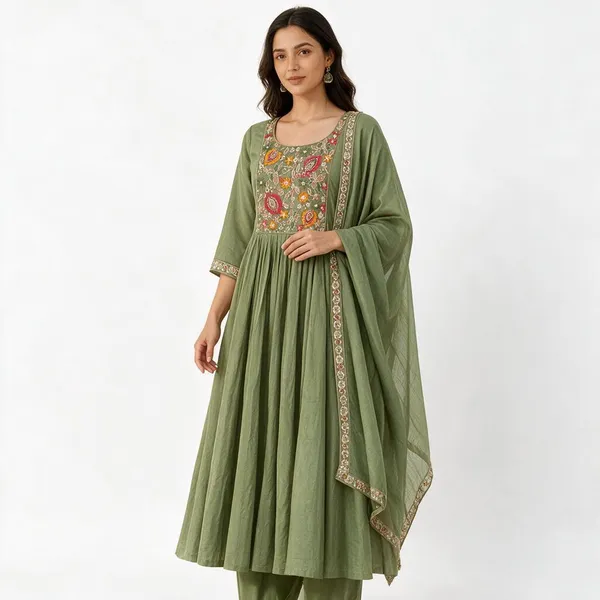 Olive_Green_Zam_Cotton_Silk_Flared_Embroidered_Anarkali_Suit_Set_For_Women
