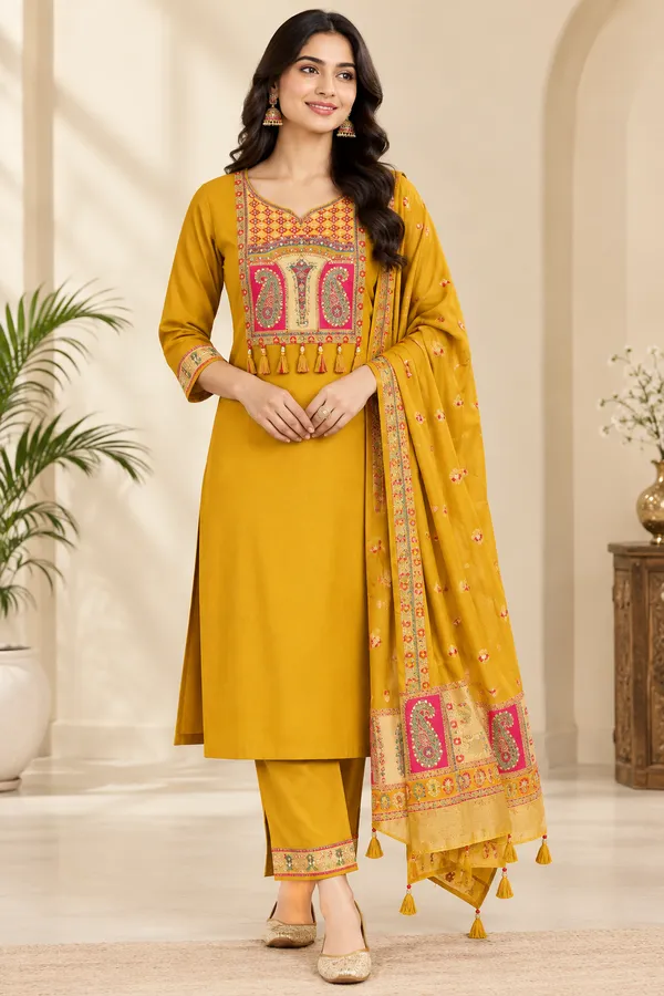 Mustard_Silk_Zari_Embroidered_Straight_Kurta_Set_For_Women